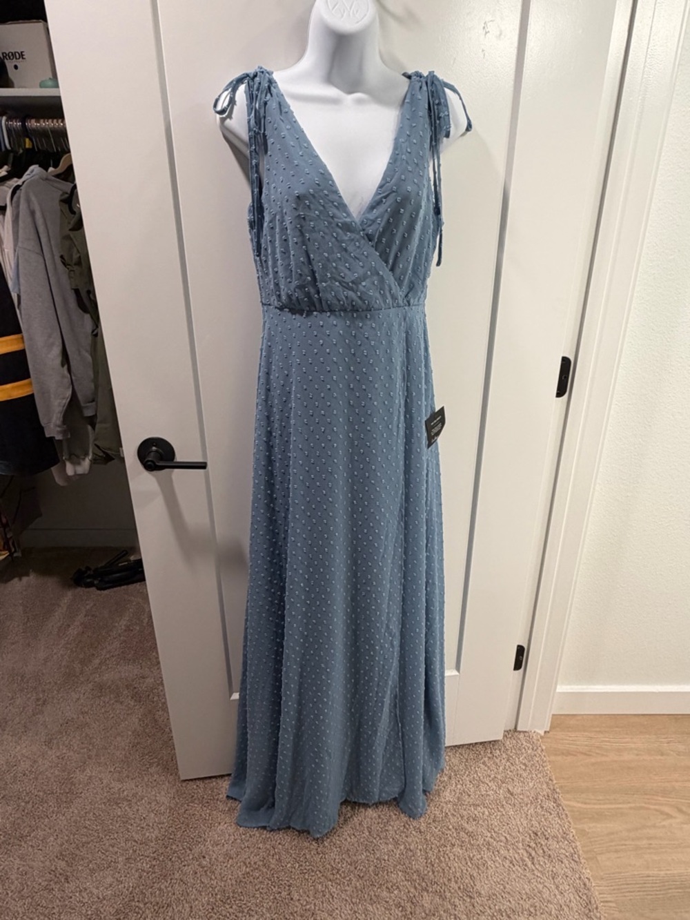 Lulu's Dusty Blue Sleeveless Tie-Shoulder Maxi Dress